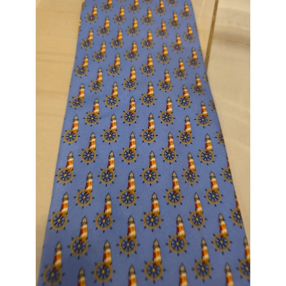 Oak‎ Hill Men Handmade Silk Tie Mason Necktie Blue nautical Lighthouse Ship B1
